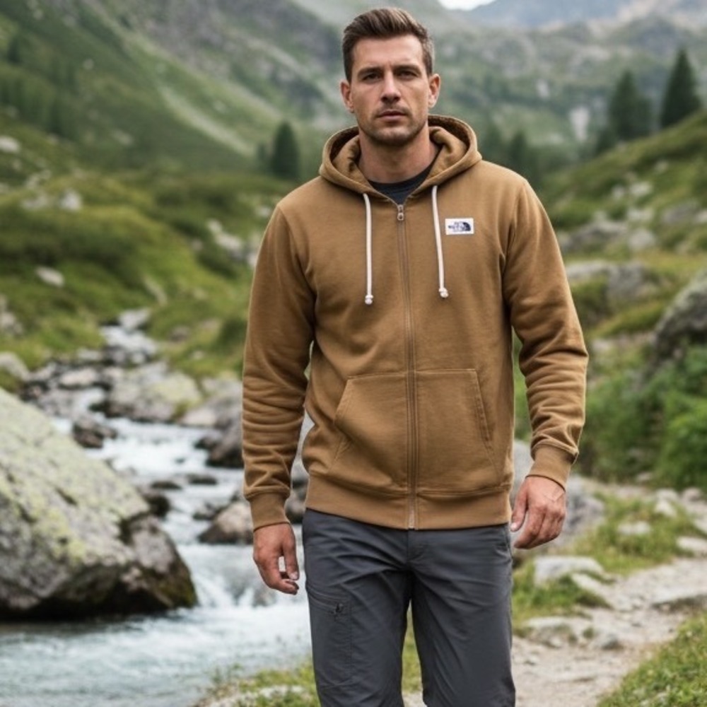 The North Face Mens A7UXL Heritage Patch Full Zip Hoodie Utility Brown Large